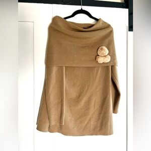 Parisian Merino Wool Off-the-Shoulder Tan Sweater with fur pompoms